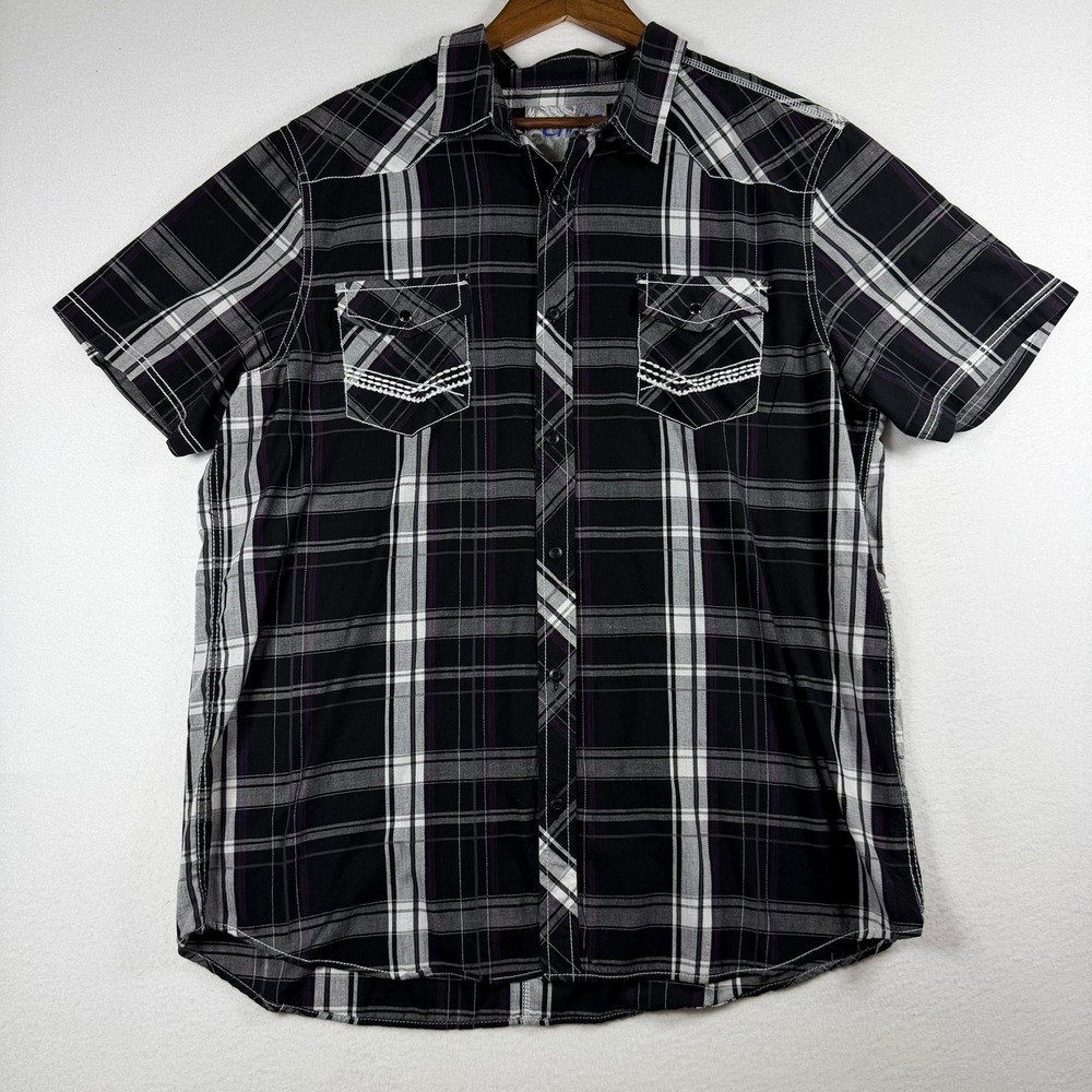 Chals Men XXL Short Sleeve Plaid Western Button Down Shirt Black Purple 68V00290